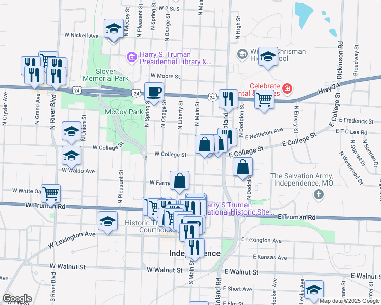 map of restaurants, bars, coffee shops, grocery stores, and more near 106 East College Street in Independence