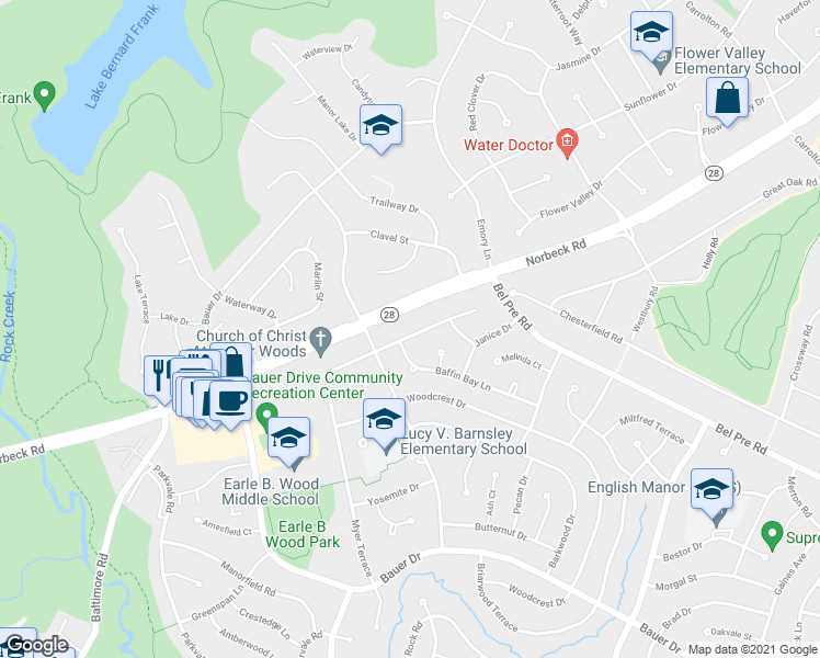 map of restaurants, bars, coffee shops, grocery stores, and more near 14710 Myer Terrace in Rockville