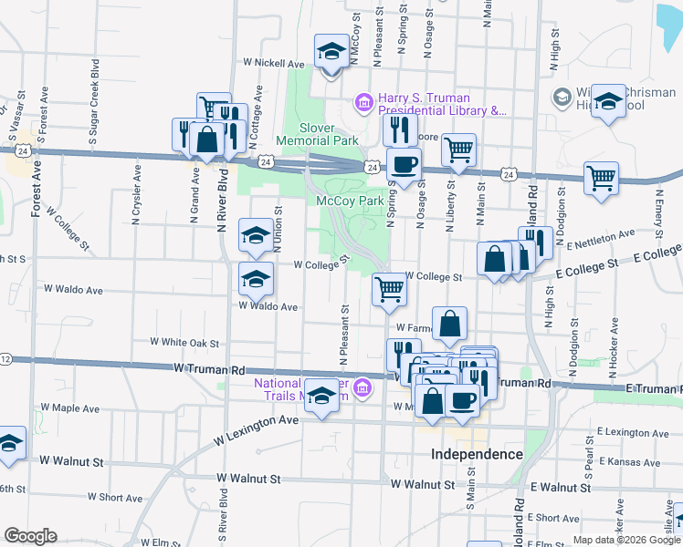 map of restaurants, bars, coffee shops, grocery stores, and more near 626 North Pleasant Street in Independence