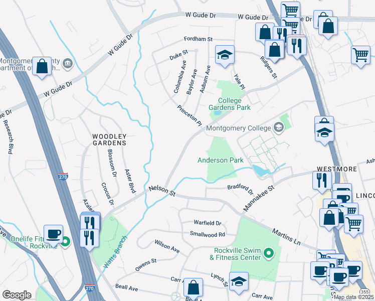 map of restaurants, bars, coffee shops, grocery stores, and more near 808 College Parkway in Rockville