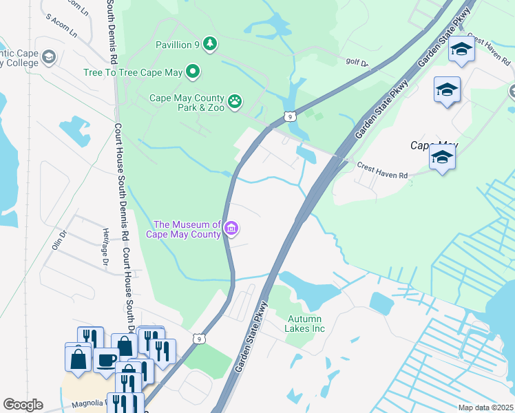 map of restaurants, bars, coffee shops, grocery stores, and more near 10 Easy Street in Cape May County