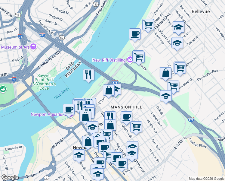map of restaurants, bars, coffee shops, grocery stores, and more near 501 East 2nd Street in Newport
