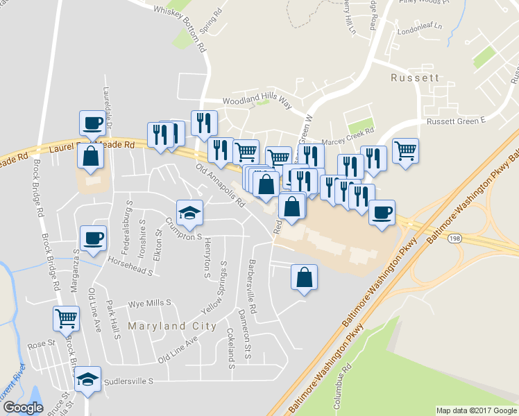 map of restaurants, bars, coffee shops, grocery stores, and more near 3430 Old Annapolis Road in Laurel