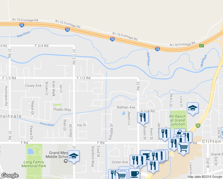 map of restaurants, bars, coffee shops, grocery stores, and more near 3182 Highview Road in Grand Junction