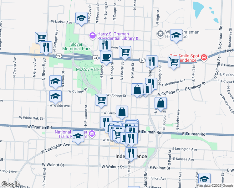map of restaurants, bars, coffee shops, grocery stores, and more near 210 West College Street in Independence