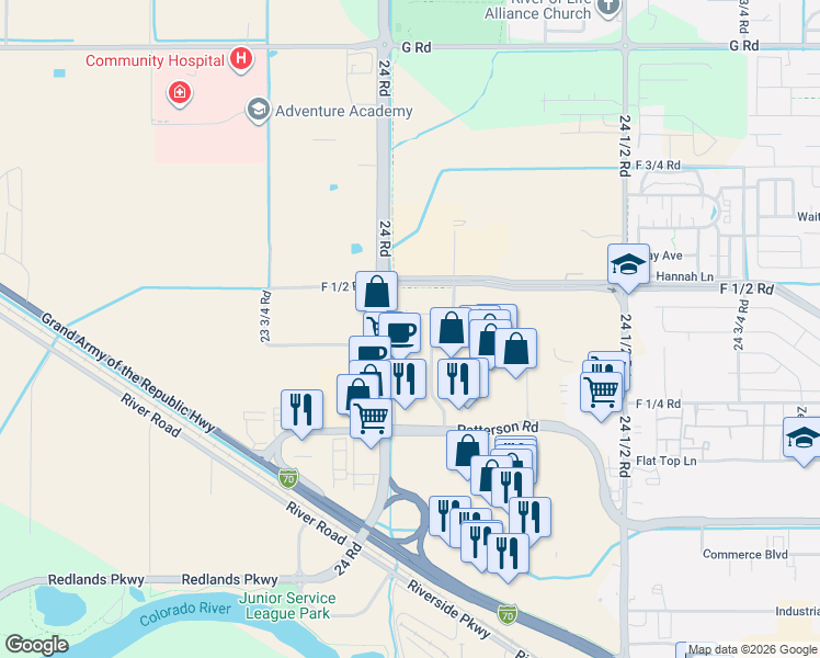 map of restaurants, bars, coffee shops, grocery stores, and more near 638-646 24 Road in Grand Junction