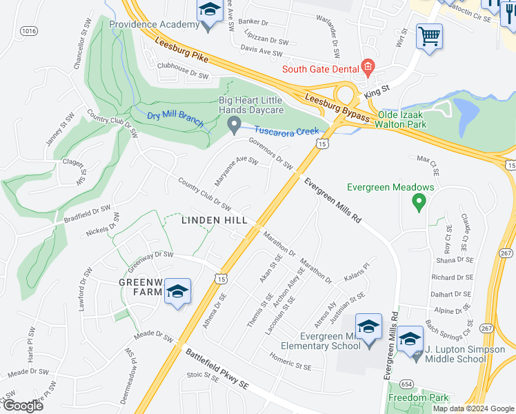 map of restaurants, bars, coffee shops, grocery stores, and more near 1006 Orr Circle Southwest in Leesburg
