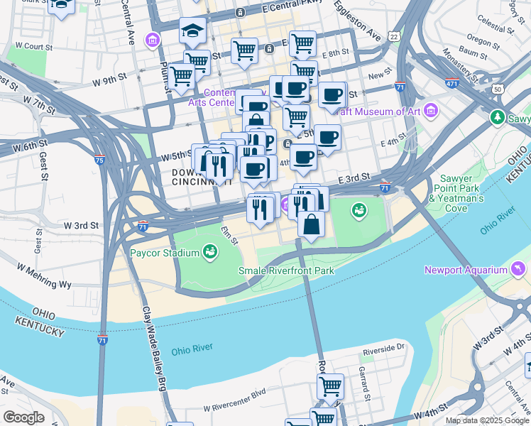 map of restaurants, bars, coffee shops, grocery stores, and more near 25 Second Street West in Cincinnati
