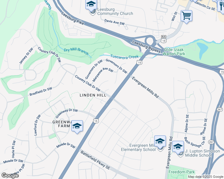 map of restaurants, bars, coffee shops, grocery stores, and more near 1006 Orr Circle Southwest in Leesburg