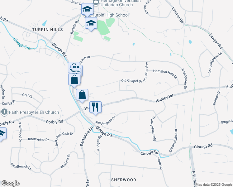 map of restaurants, bars, coffee shops, grocery stores, and more near 6975 Copperglow Court in Cincinnati