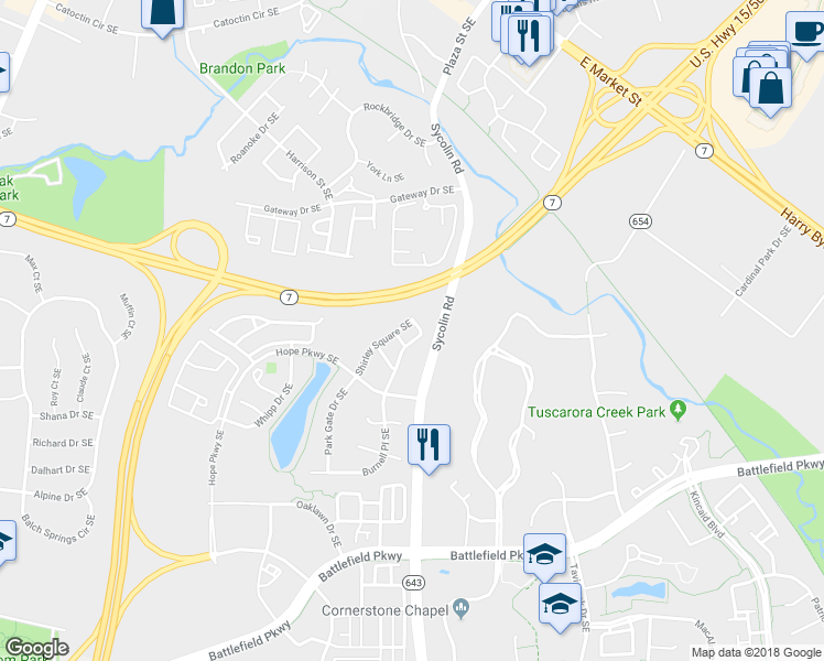 map of restaurants, bars, coffee shops, grocery stores, and more near 165 Shirley Square Southeast in Leesburg