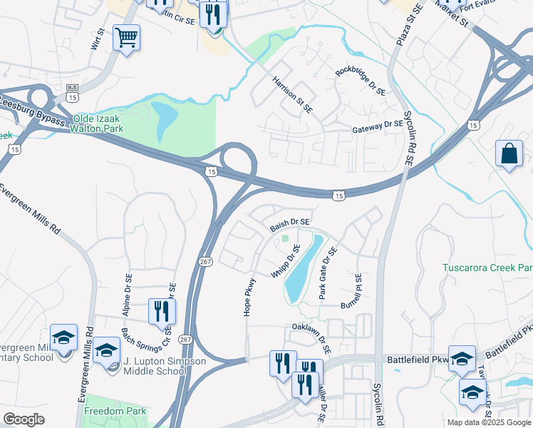 map of restaurants, bars, coffee shops, grocery stores, and more near 408 Rusert Drive Southeast in Leesburg