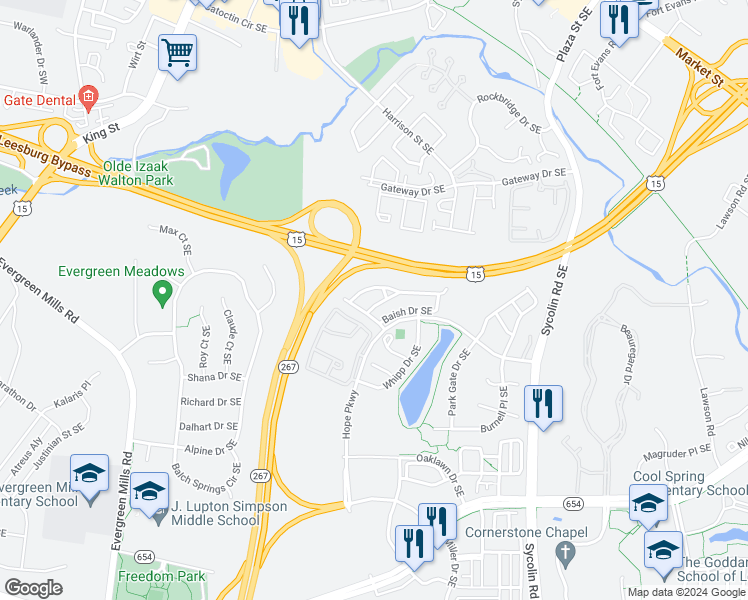 map of restaurants, bars, coffee shops, grocery stores, and more near 408 Rusert Drive Southeast in Leesburg