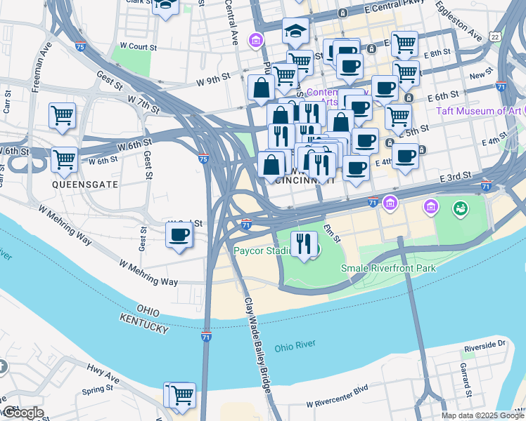 map of restaurants, bars, coffee shops, grocery stores, and more near 444 West 3rd Street in Cincinnati