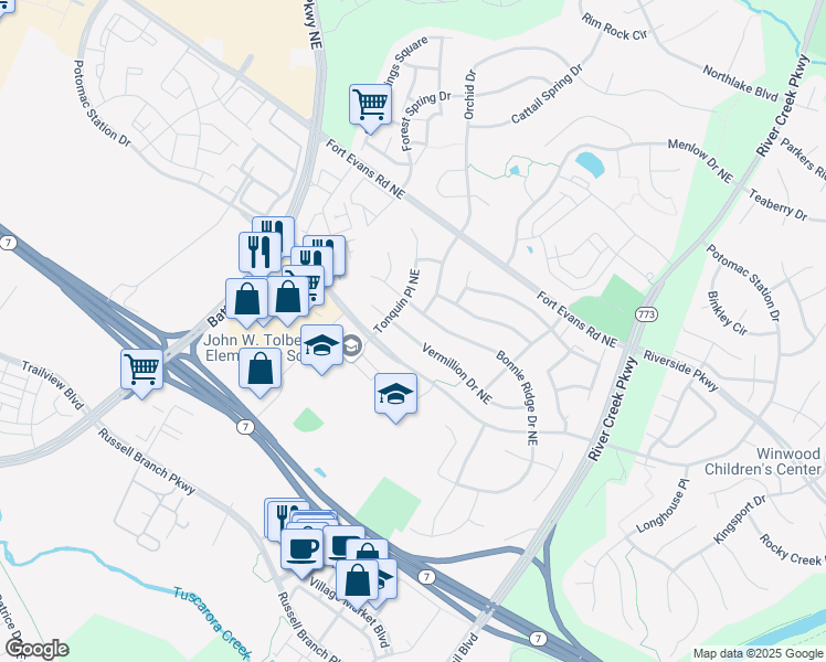 map of restaurants, bars, coffee shops, grocery stores, and more near 742 Vermillion Drive Northeast in Leesburg