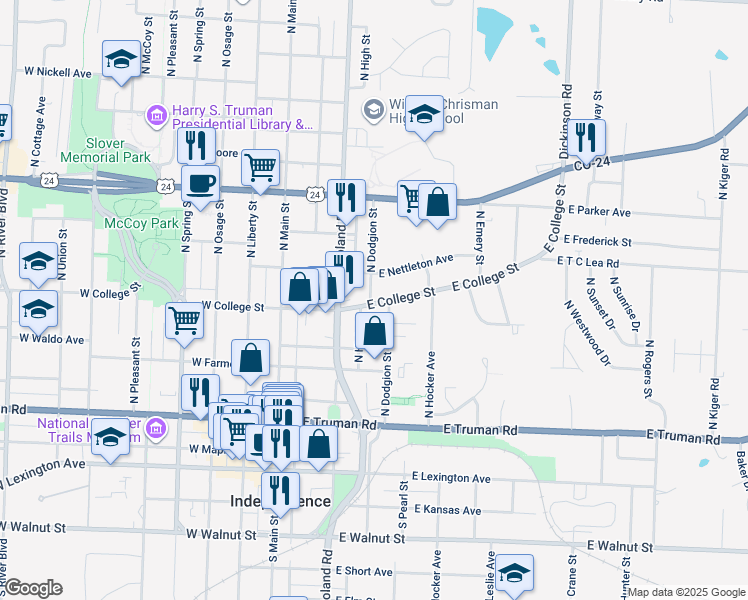 map of restaurants, bars, coffee shops, grocery stores, and more near 229 East College Street in Independence