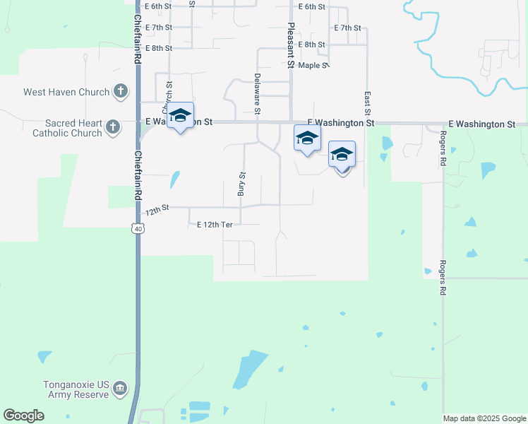 map of restaurants, bars, coffee shops, grocery stores, and more near 505 East 12th Terrace in Tonganoxie