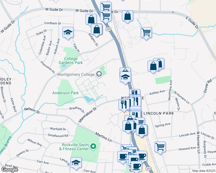 map of restaurants, bars, coffee shops, grocery stores, and more near 51 Mannakee Street in Rockville