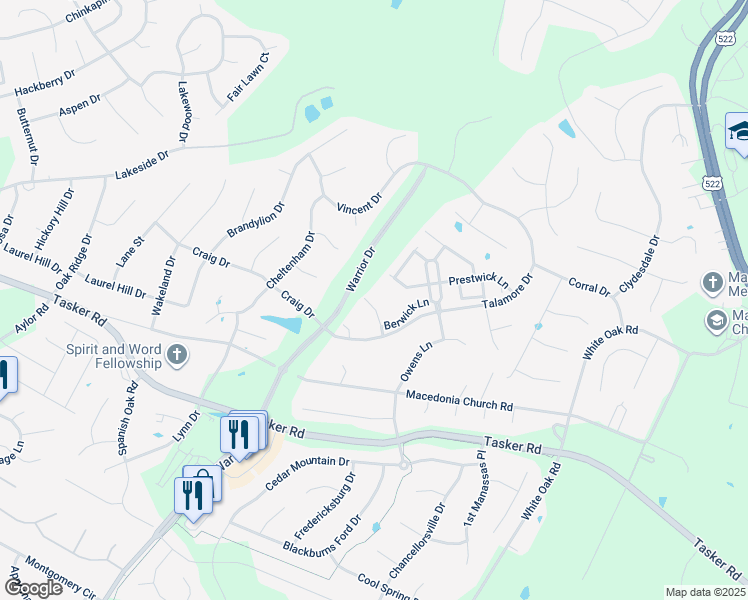 map of restaurants, bars, coffee shops, grocery stores, and more near 124 Carnoustie Lane in Stephens City