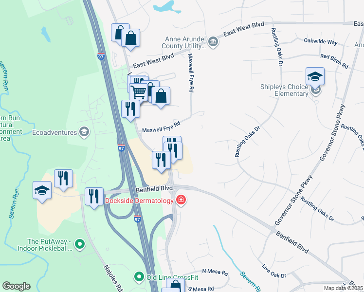 map of restaurants, bars, coffee shops, grocery stores, and more near 8535 Veterans Highway in Millersville