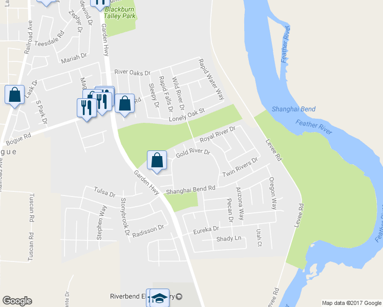 map of restaurants, bars, coffee shops, grocery stores, and more near 2082 Gold River Drive in Yuba City