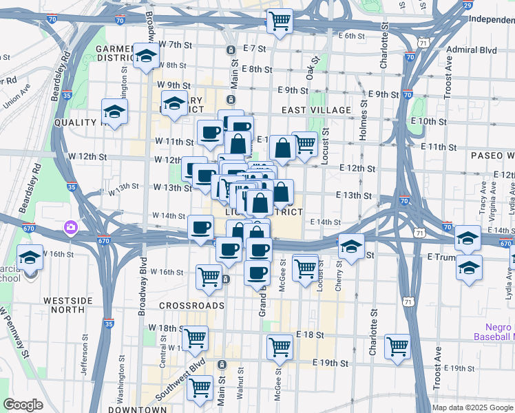 map of restaurants, bars, coffee shops, grocery stores, and more near 1100 Walnut Street in Kansas City