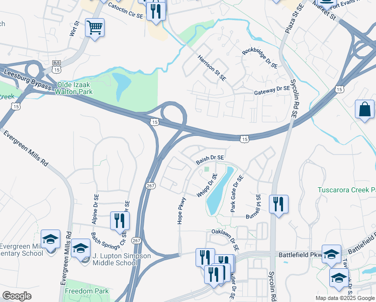 map of restaurants, bars, coffee shops, grocery stores, and more near 502 Sunset View Terrace Southeast in Leesburg