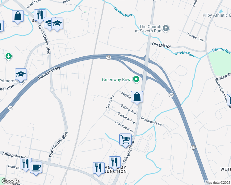 map of restaurants, bars, coffee shops, grocery stores, and more near 8286 Lokus Road in Odenton