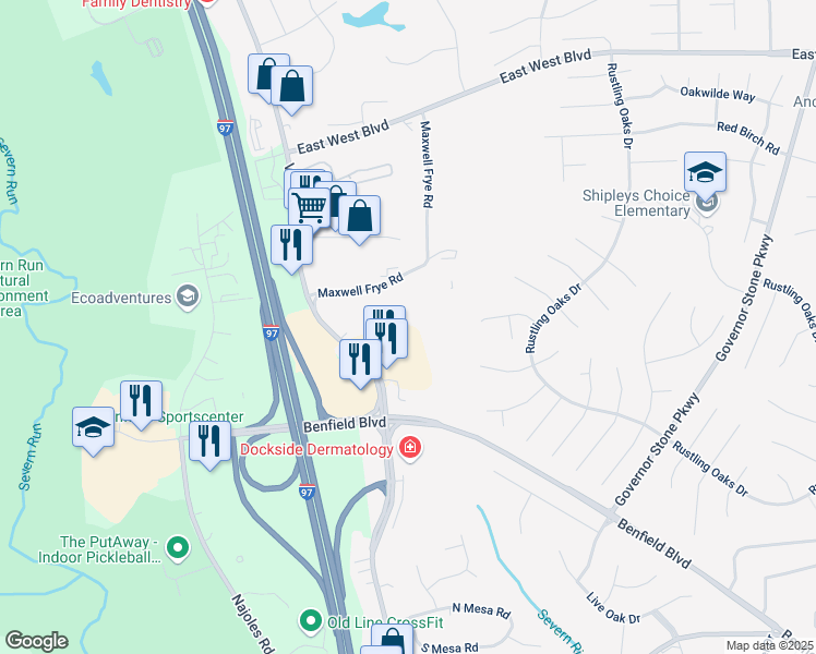 map of restaurants, bars, coffee shops, grocery stores, and more near 8535 Veterans Highway in Millersville