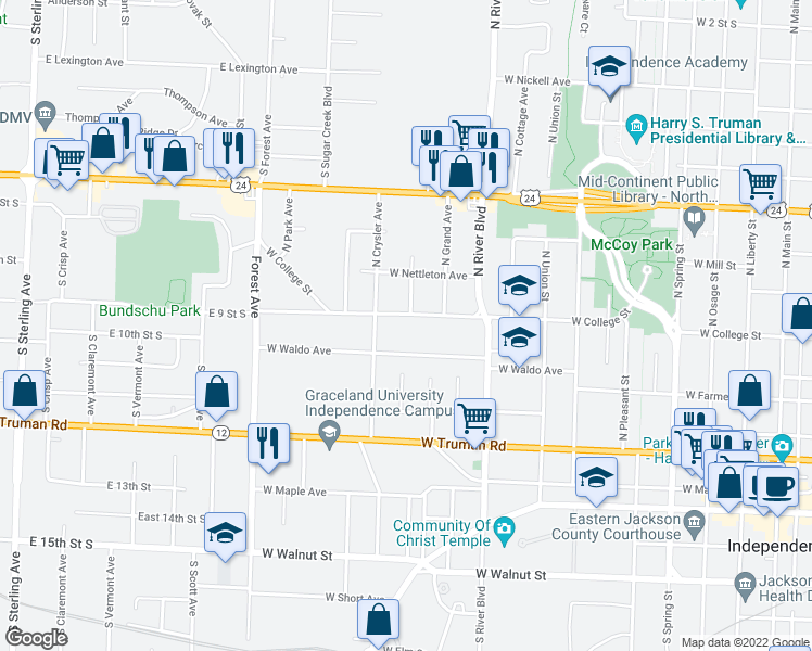 map of restaurants, bars, coffee shops, grocery stores, and more near 1131 West College Street in Independence