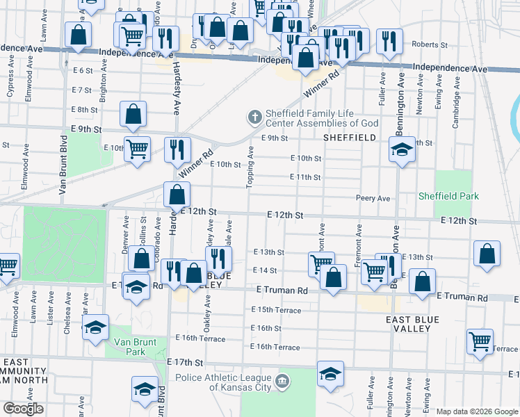 map of restaurants, bars, coffee shops, grocery stores, and more near 5819 East 12th Street in Kansas City