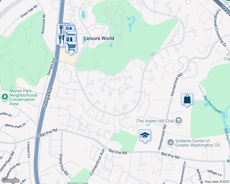 map of restaurants, bars, coffee shops, grocery stores, and more near 3376 Chiswick Court in Silver Spring