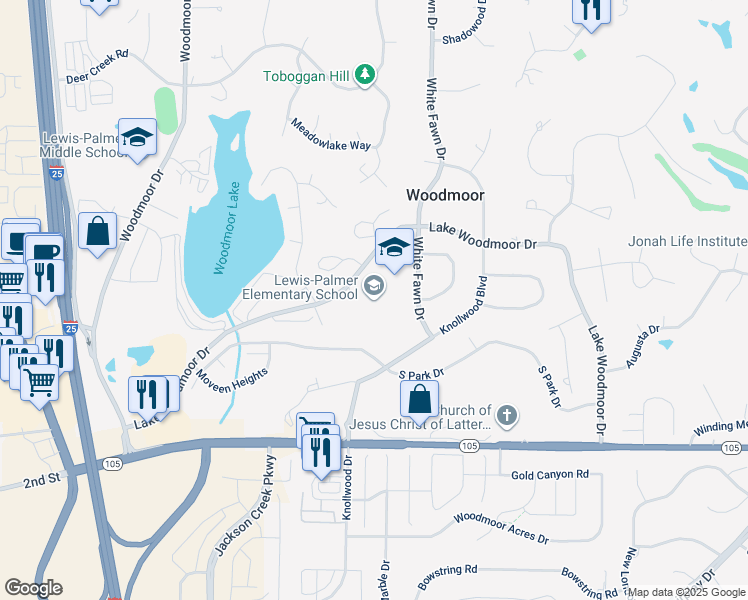 map of restaurants, bars, coffee shops, grocery stores, and more near 1315 Lake Woodmoor Drive in Monument