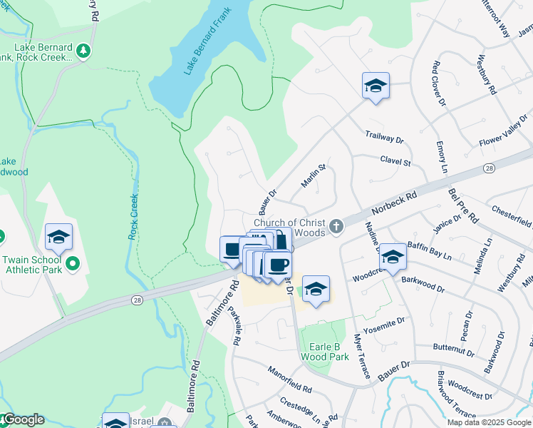 map of restaurants, bars, coffee shops, grocery stores, and more near 14717 Bauer Drive in Rockville