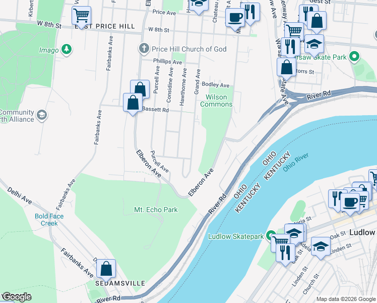 map of restaurants, bars, coffee shops, grocery stores, and more near 401 Grand Avenue in Cincinnati