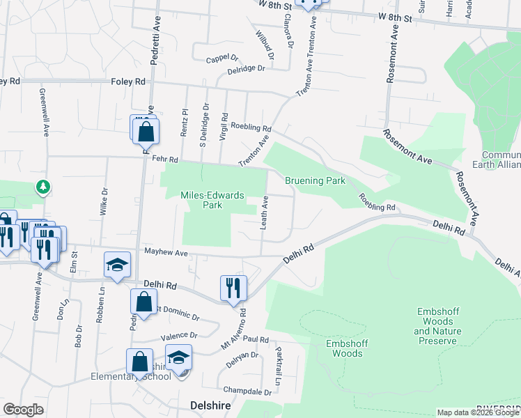 map of restaurants, bars, coffee shops, grocery stores, and more near 445 Leath Avenue in Cincinnati