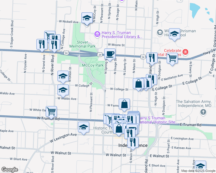 map of restaurants, bars, coffee shops, grocery stores, and more near 311 West College Street in Independence
