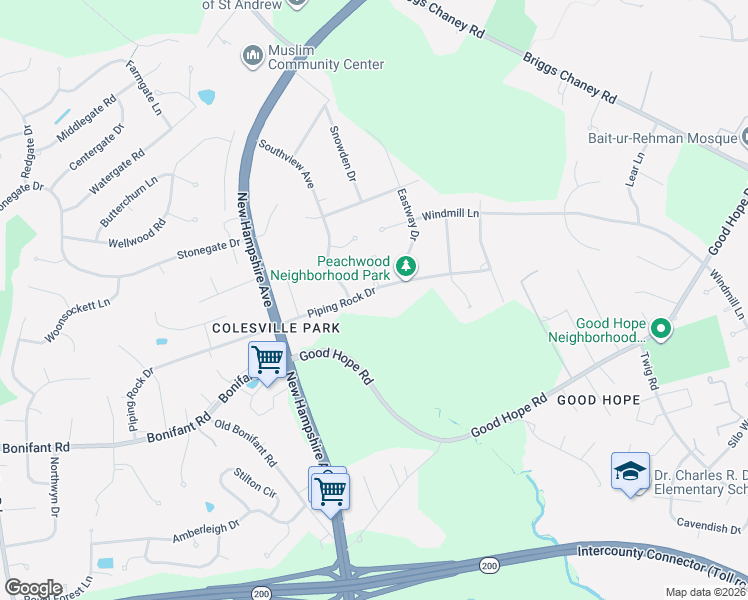 map of restaurants, bars, coffee shops, grocery stores, and more near 513 Piping Rock Drive in Silver Spring