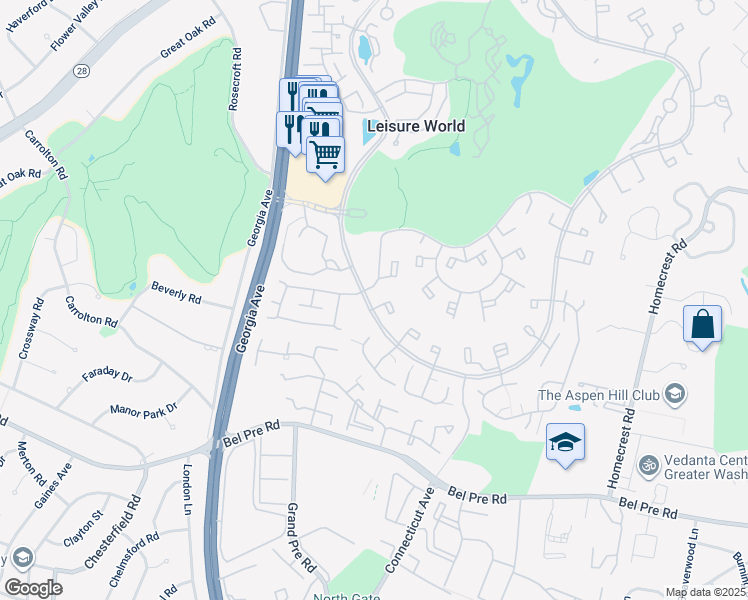 map of restaurants, bars, coffee shops, grocery stores, and more near 3681 South Leisure World Boulevard in Silver Spring