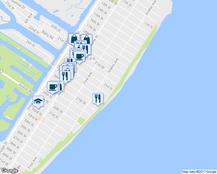 map of restaurants, bars, coffee shops, grocery stores, and more near 64 23rd Street in Avalon