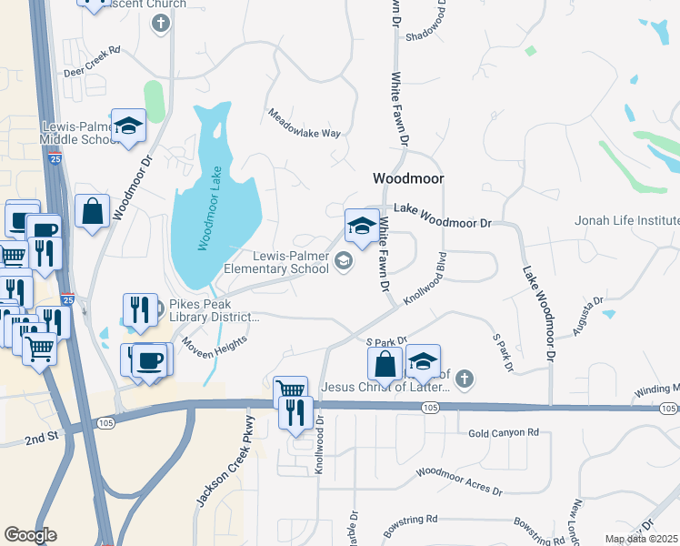 map of restaurants, bars, coffee shops, grocery stores, and more near 1315 Lake Woodmoor Drive in Monument