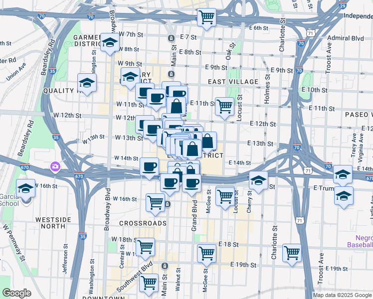 map of restaurants, bars, coffee shops, grocery stores, and more near 1301 Main Street in Kansas City
