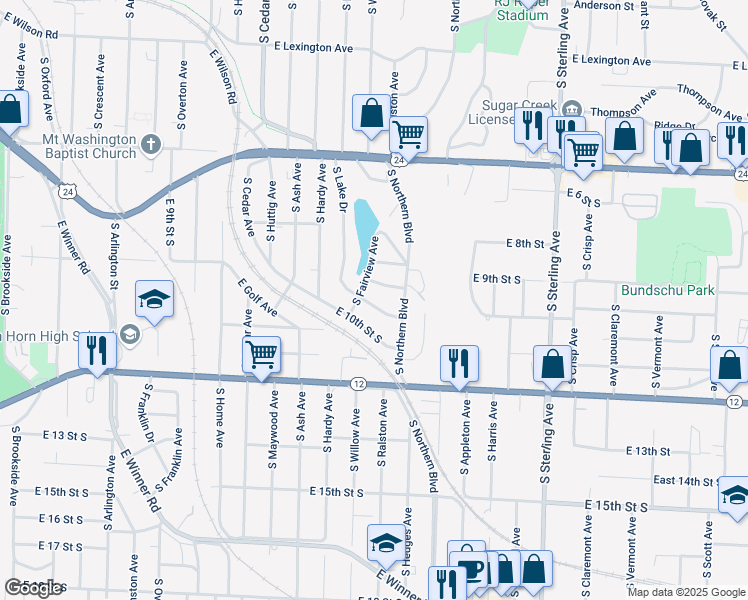 map of restaurants, bars, coffee shops, grocery stores, and more near 10524 East Lake Drive in Independence