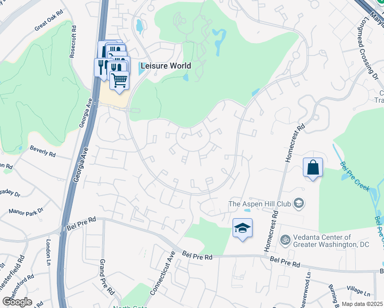 map of restaurants, bars, coffee shops, grocery stores, and more near 3408 Chiswick Court in Silver Spring