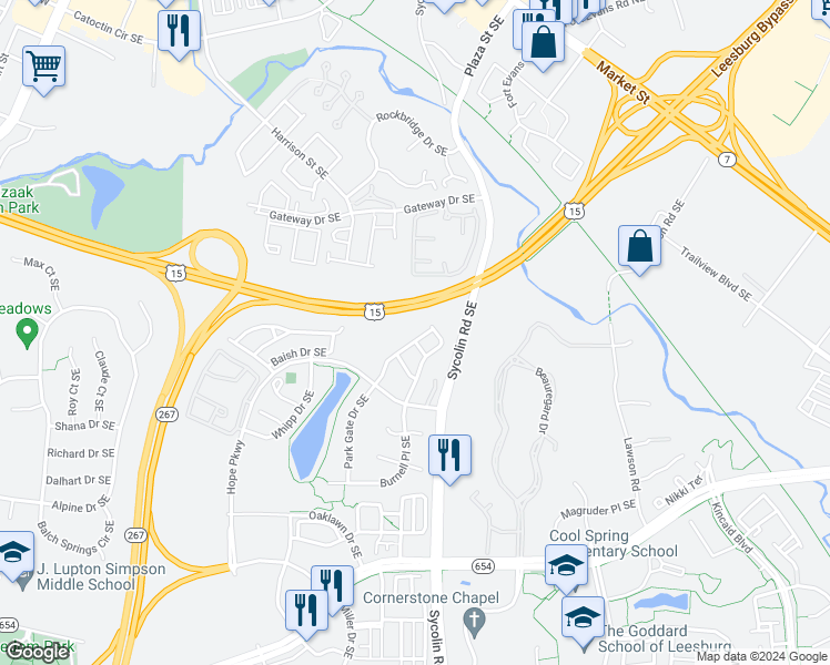 map of restaurants, bars, coffee shops, grocery stores, and more near 263 Shirley Square Southeast in Leesburg