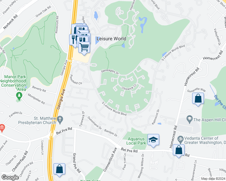 map of restaurants, bars, coffee shops, grocery stores, and more near 3482 Chiswick Court in Silver Spring