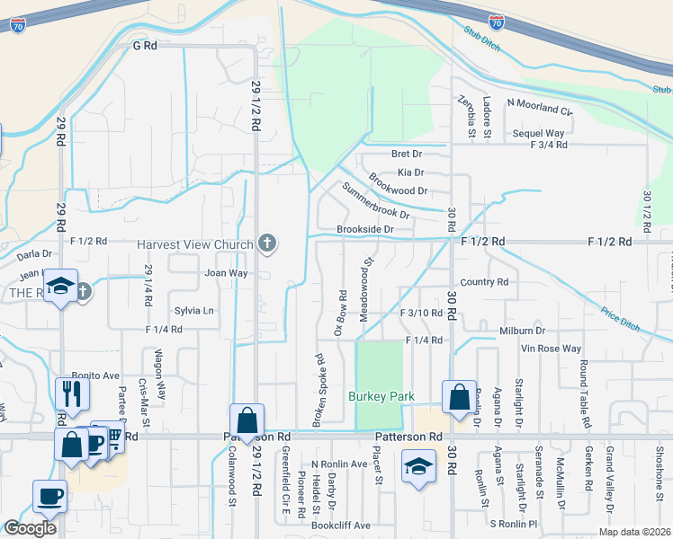 map of restaurants, bars, coffee shops, grocery stores, and more near 640 Broken Spoke Road in Grand Junction