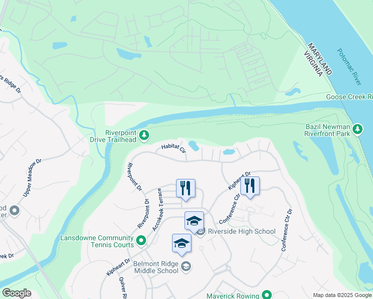 map of restaurants, bars, coffee shops, grocery stores, and more near 43624 Habitat Circle in Leesburg