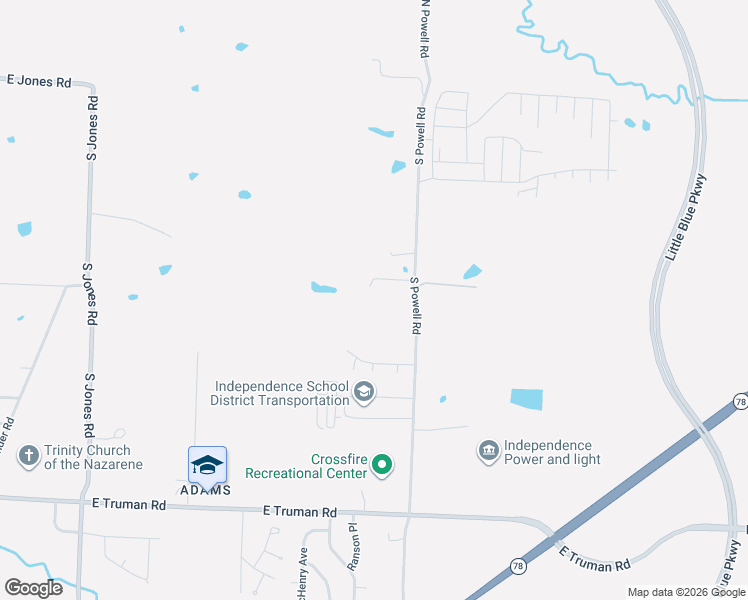 map of restaurants, bars, coffee shops, grocery stores, and more near 600 South Powell Road in Independence