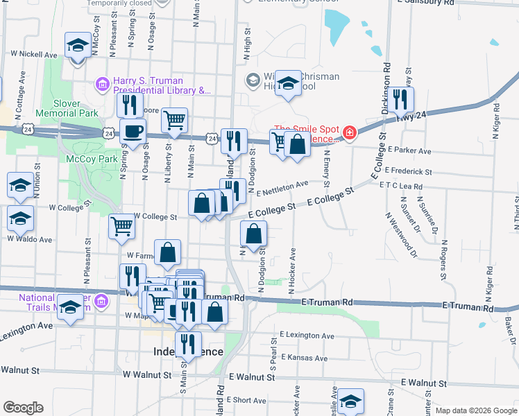 map of restaurants, bars, coffee shops, grocery stores, and more near 229 East College Street in Independence